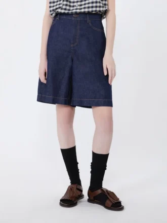 Bermuda en denim de coton et lin, bleu marine