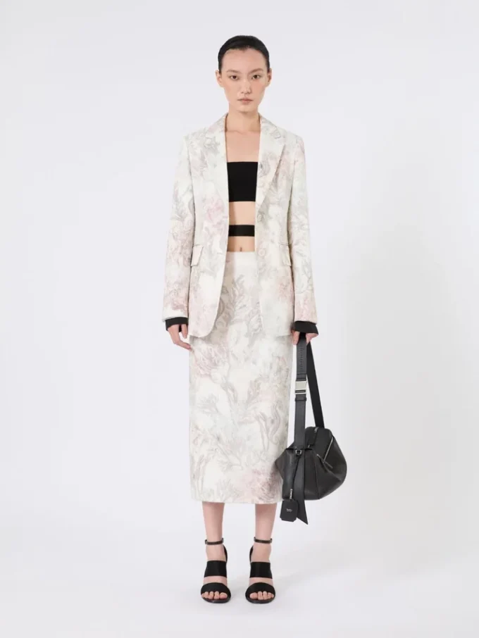 Blazer ajusté en organza imprimé et gabardine, blanc Blazer ajusté en organza imprimé et gabardine, blanc