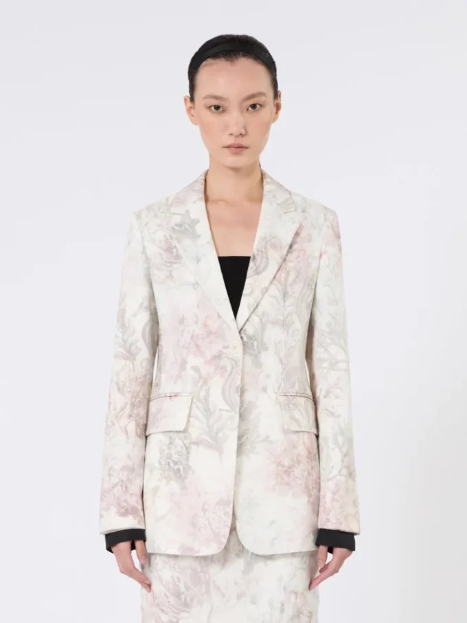 Blazer ajusté en organza imprimé et gabardine, blanc Blazer ajusté en organza imprimé et gabardine, blanc