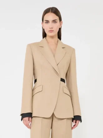 Blazer croisé en pur lin natta, couleur camel