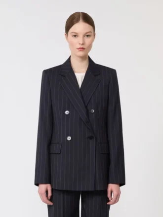 Blazer en laine à fines rayures, croisé, bleu marine