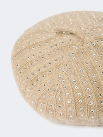 Béret en cachemire orné de strass, couleur sable