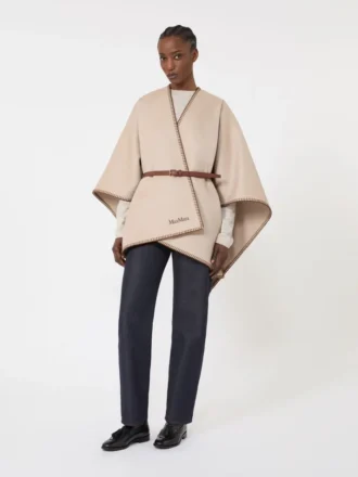 Cape en laine et cachemire avec ceinture, couleur sable
