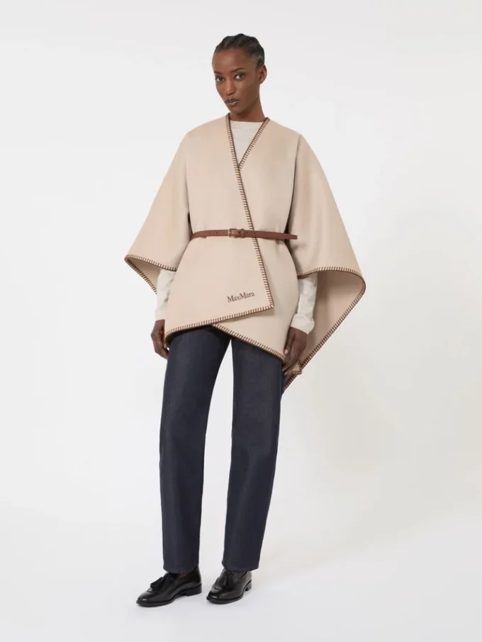 Cape en laine et cachemire avec ceinture, couleur sable