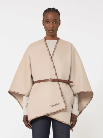Cape en laine et cachemire avec ceinture, couleur sable