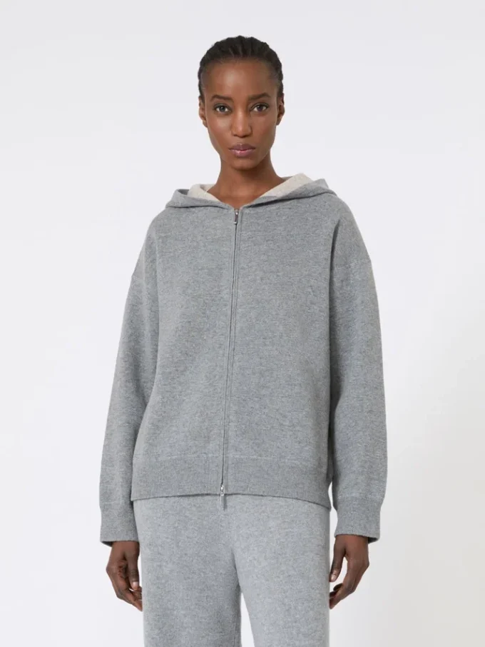 Cardigan à capuche en laine et cachemire, gris moyen Cardigan à capuche en laine et cachemire, gris moyen