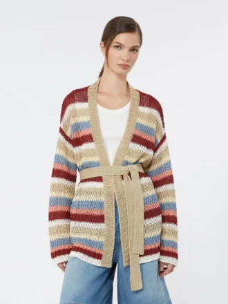Cardigan en fil de lin avec ceinture, couleur cerise