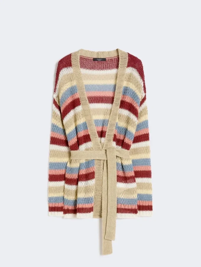 Cardigan en fil de lin avec ceinture, couleur cerise Cardigan en fil de lin avec ceinture, couleur cerise