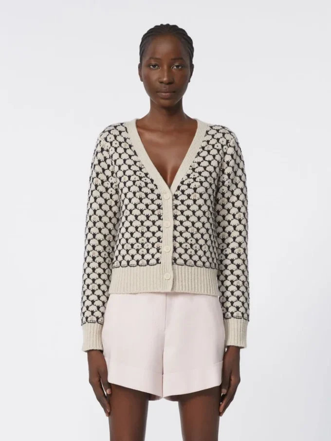 Cardigan en laine et cachemire à motifs, beige Cardigan en laine et cachemire à motifs, beige