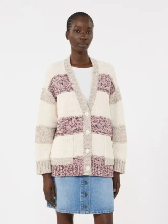 Cardigan rayé en laine et coton, couleur sable