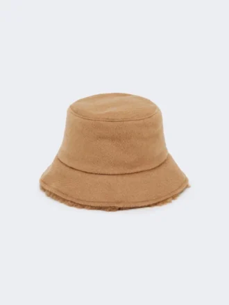 Chapeau cloche réversible en tissu camel et peluche, camel