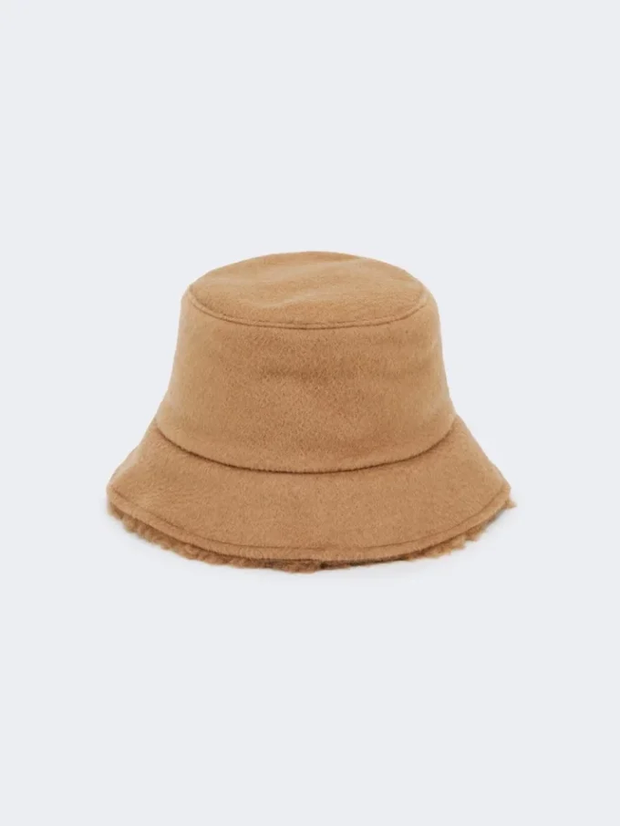 Chapeau cloche réversible en tissu camel et peluche, camel