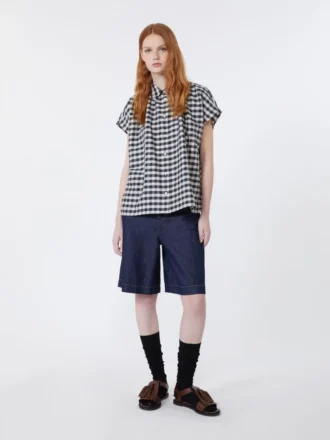 Bermuda en denim de coton et lin, bleu marine