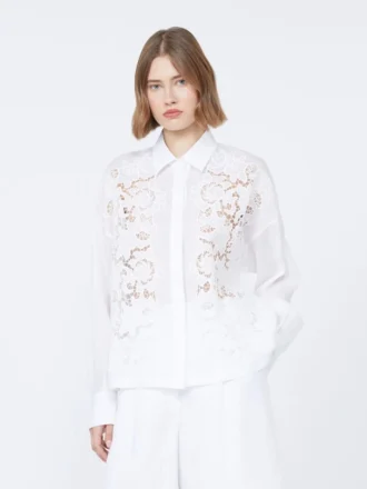 Chemise carrée en toile de ramie brodée, blanche
