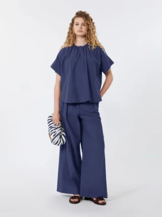Chemise à col rond en popeline de coton, bleu marine