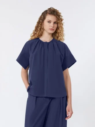 Chemise à col rond en popeline de coton, bleu marine
