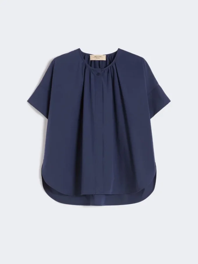 Chemise à col rond en popeline de coton, bleu marine Chemise à col rond en popeline de coton, bleu marine