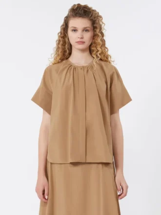 Chemise à col rond en popeline de coton, couleur tabac