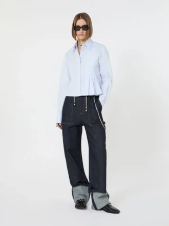 Chemise courte en popeline à plis asymétriques, bleu avio