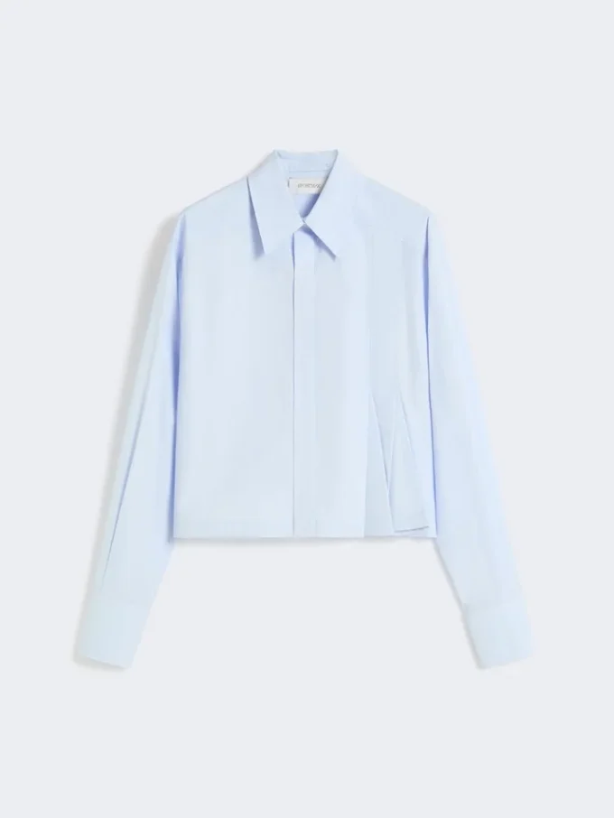 Chemise courte en popeline à plis asymétriques, bleu avio Chemise courte en popeline à plis asymétriques, bleu avio