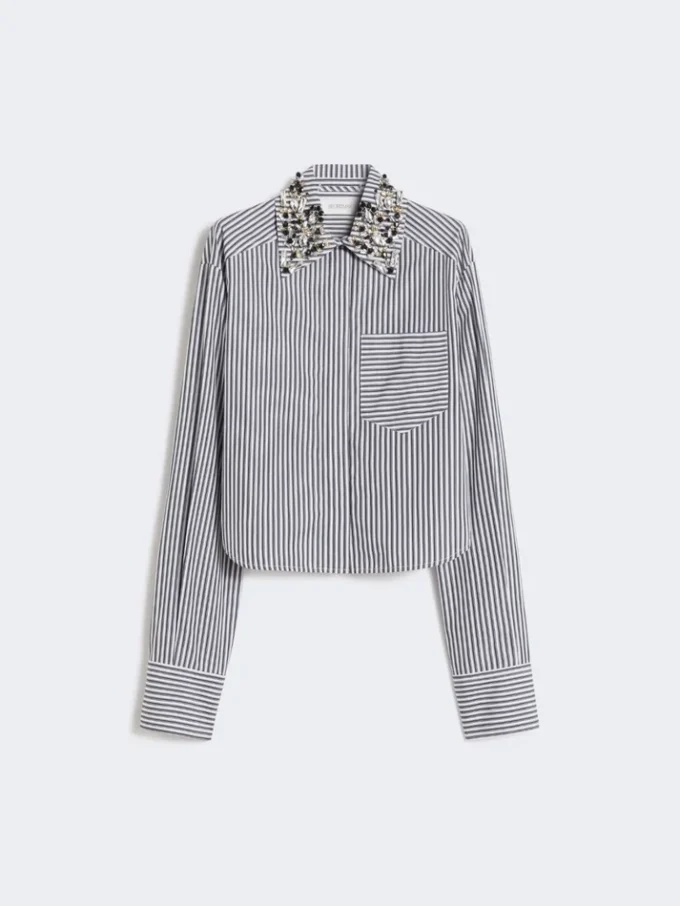 Chemise courte en popeline rayée, noire Chemise courte en popeline rayée, noire