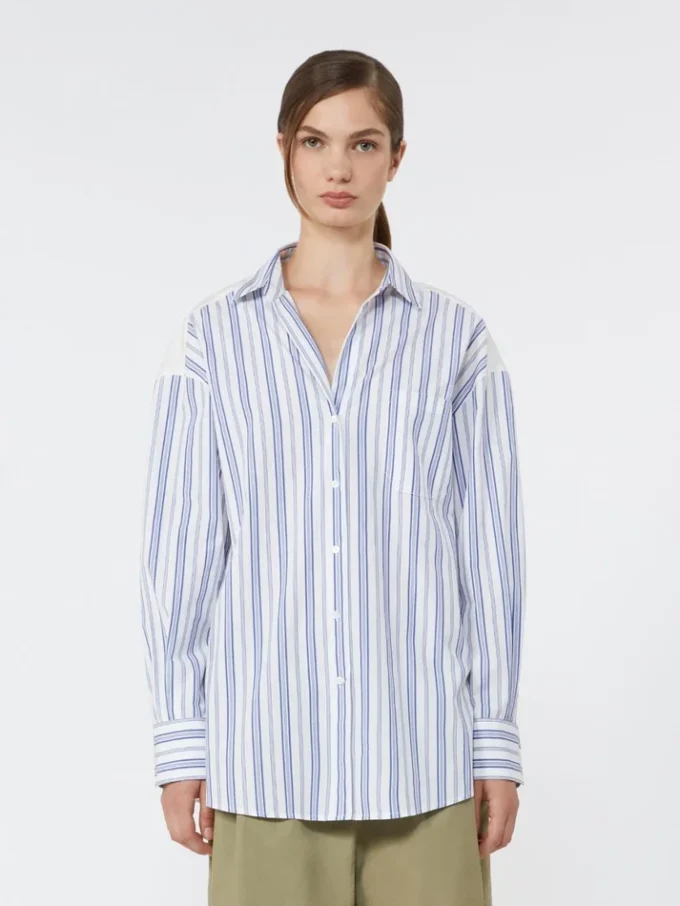 Chemise en coton rayée avec dentelle ajourée, bleu marine Chemise en coton rayée avec dentelle ajourée, bleu marine