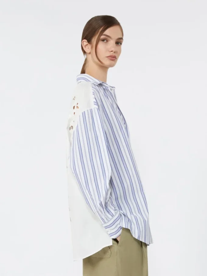 Chemise en coton rayée avec dentelle ajourée, bleu marine Chemise en coton rayée avec dentelle ajourée, bleu marine
