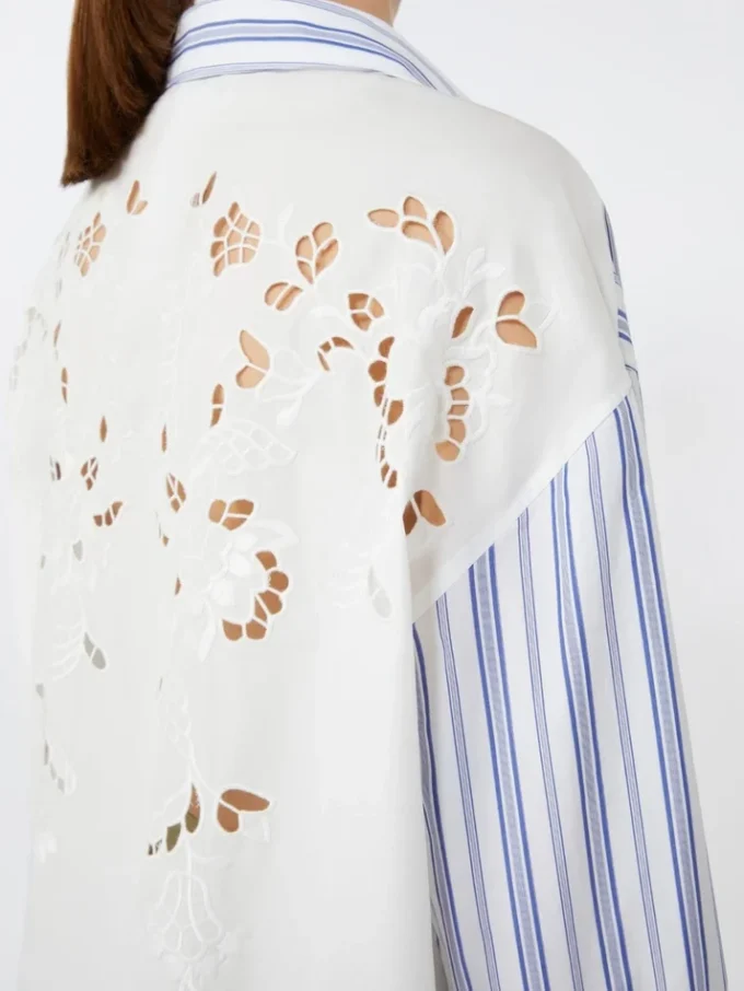 Chemise en coton rayée avec dentelle ajourée, bleu marine Chemise en coton rayée avec dentelle ajourée, bleu marine