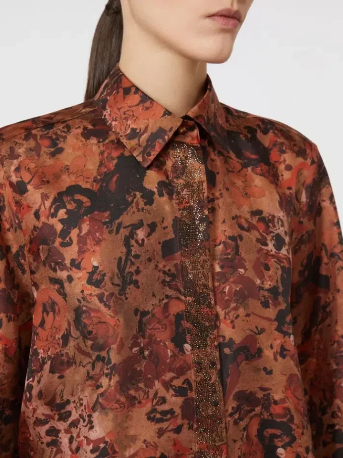 Chemise en soie imprimée à la coupe ample, couleur terre cuite
