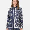 Chemise en soie imprimée à motif patchwork, bleu marine