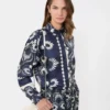 Chemise en soie imprimée à motif patchwork, bleu marine