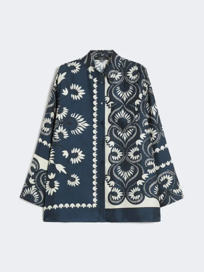 Chemise en soie imprimée à motif patchwork, bleu marine