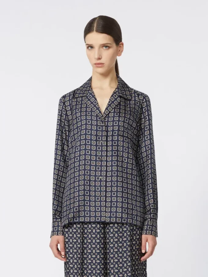 Chemise en soie imprimée semi-ajustée, bleu outremer
