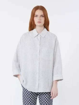 Chemise en toile de lin rayée, bleu marine Chemise en toile de lin rayée, bleu marine