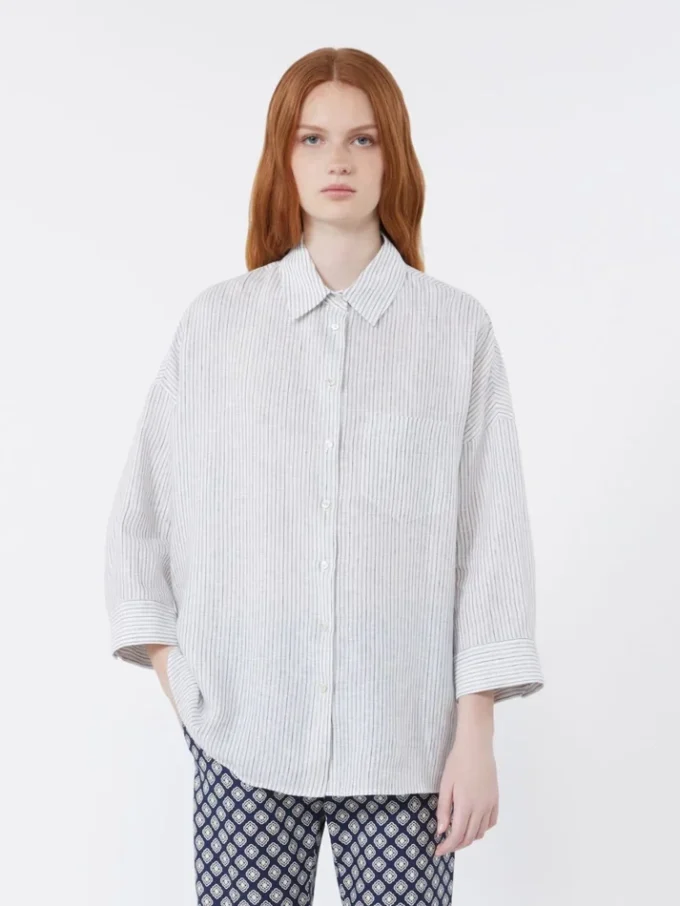 Chemise en toile de lin rayée, bleu marine Chemise en toile de lin rayée, bleu marine