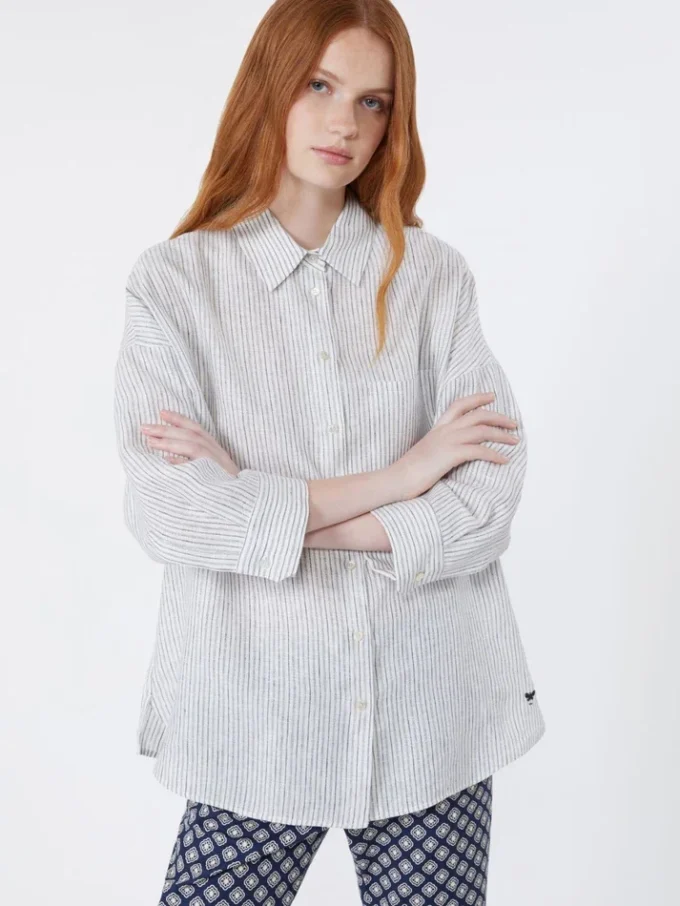 Chemise en toile de lin rayée, bleu marine Chemise en toile de lin rayée, bleu marine