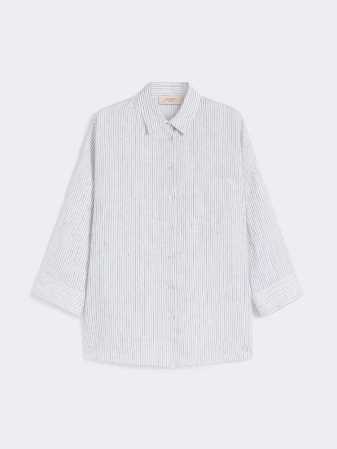 Chemise en toile de lin rayée, bleu marine Chemise en toile de lin rayée, bleu marine