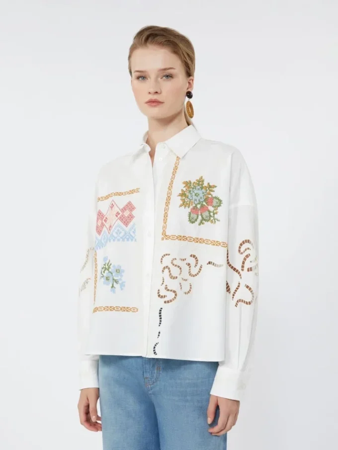 Chemisier en coton avec dentelle et broderies, blanc Chemisier en coton avec dentelle et broderies, blanc