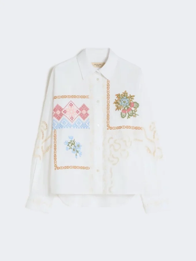 Chemisier en coton avec dentelle et broderies, blanc Chemisier en coton avec dentelle et broderies, blanc