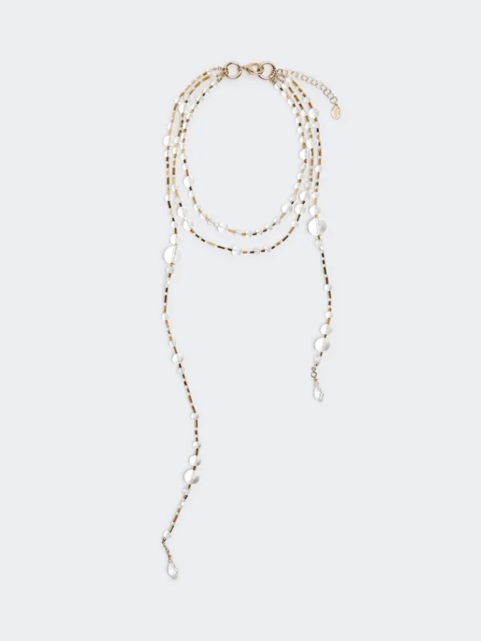 Collier à plusieurs rangs en métal et verre, blanc optique Collier à plusieurs rangs en métal et verre, blanc optique