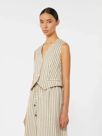 Gilet en toile de coton et soie rayée, beige