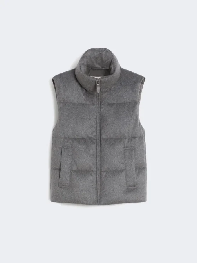 Gilet matelassé en cachemire et toile, gris moyen, déperlant Gilet matelassé en cachemire et toile, gris moyen, déperlant