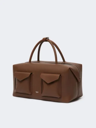 Grand sac Boston en cuir avec poches, marron