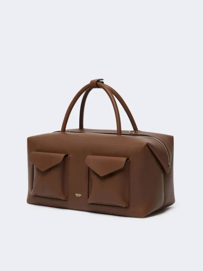 Grand sac Boston en cuir avec poches, marron Grand sac Boston en cuir avec poches, marron