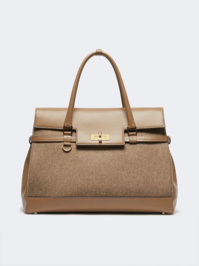 Grand sac à main en cachemire et cuir, marron Grand sac à main en cachemire et cuir, marron