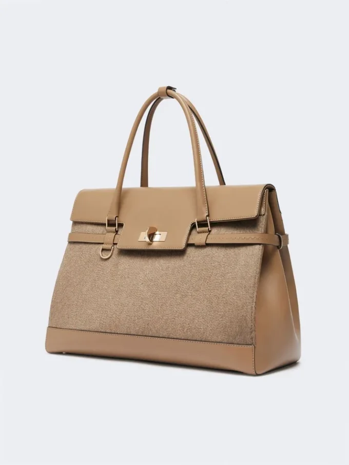 Grand sac à main en cachemire et cuir, marron Grand sac à main en cachemire et cuir, marron