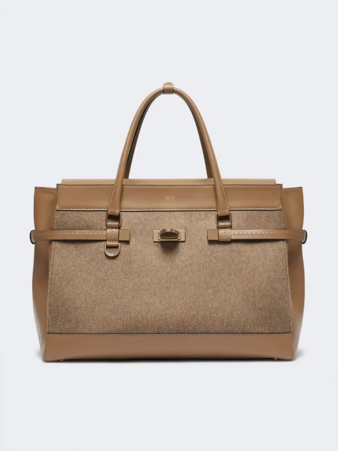 Grand sac à main en cachemire et cuir, marron Grand sac à main en cachemire et cuir, marron