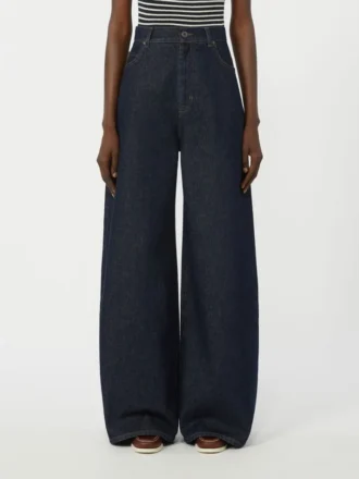 Jean en denim de coton à jambes larges, bleu marine