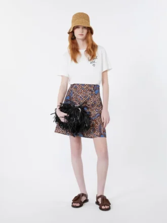 Jupe courte en coton stretch imprimé, couleur tabac