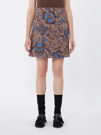 Jupe courte en coton stretch imprimé, couleur tabac